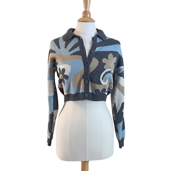 Hollister Cotton Blend Blue Cropped Cardigan, Mushrooms, Flowers, Size S - Picture 1 of 14